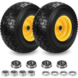 2 Pcs 15x6.00-6 Flat Free Lawn Mower Tire and Wheel, 15x6-6 nhs Lawn Mower Front Tires, Compatible with John Deere Riding Mowers Lawn Tractors, with 3/4" & Extra 5/8" Bearings, 3"-4.4" Centered Hub