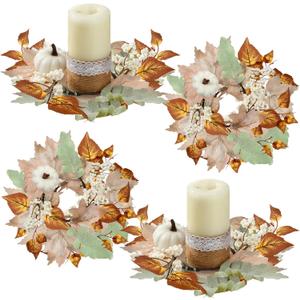 4 Pieces Thanksgiving Fall Candle Rings Center Fall Candle Rings Wreath Thanksgiving Autumn Decorative Artificial Maple Leaf Holder for Centerpiece Festival Party Decoration