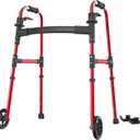 Folding Walkers for Seniors, Walker with Skis Lightweight 5'' Front Wheel Walker Height Adjustable Aluminum Standard Walker for Elderly and Disabled Red