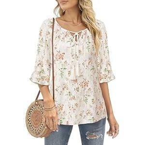 Furnex Dressy Blouses for Women: Elegant Casual - Summer Tops for Women 2025 - Dress Shirts for Women Ladies Tops Women's Ruffle Sleeve Boho Shirts V Neck Floral Pleated Casual Tunic Multi-Orange, Size XL