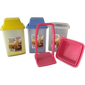 Pickle Storage Container with Strainer (3 Pieces) with Lift, Drain and Store Condiment Food Saver Jar with Snap Lid | 40.6 oz, 7.5" H x 4.25" W x 4.25" L Pink, Yellow, Blue