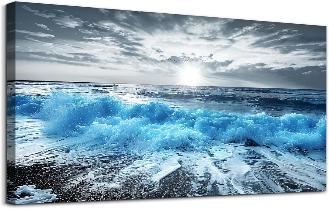 Lapremoly Framed Wall Art For Living Room Large Canvas Wall Decor For Office Blue Beach Painting Ocean Sea Waves Wall Pictures Bedroom Home Decorations Prints Posters Mural Artwork Ready to hang (48L" x 24W")