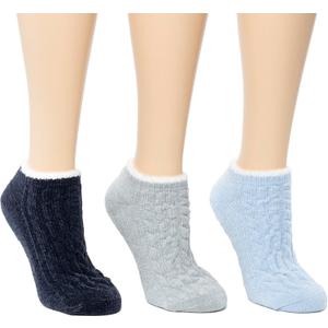 Cuddl Duds Women Cozy Lined Super Soft 3 Pair Pack Low Cut with Grippers Lounge Socks (One Size, Blue)