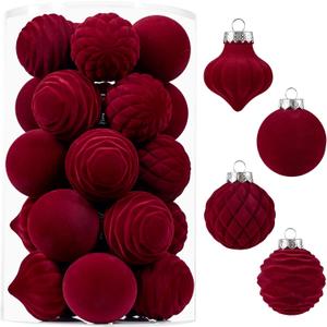 Wironlst Velvet Ornaments for Christmas Tree, 4 Style Flocked Matte Velvet Christmas Ball Ornaments, Shatterproof Decor for Xmas Tree Wedding Holiday Party Home (2.36" 25pcs Burgundy)