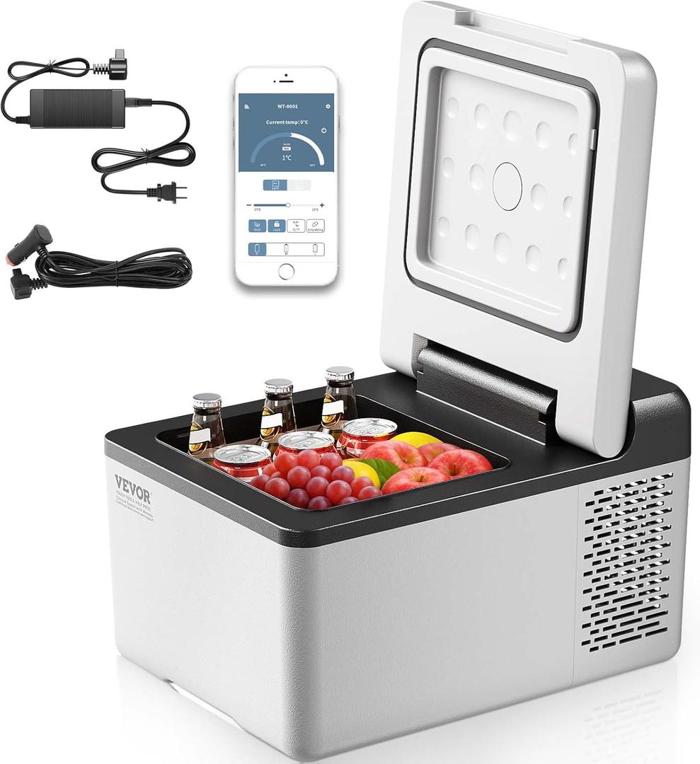 VEVOR 12V Car Refrigerator 10 QT, Portable Mini Freezer with APP Control, -4 to 68, 12/24V DC & 110-220V AC Compressor Cooler for Travel, Camping, Home, Road Trip
