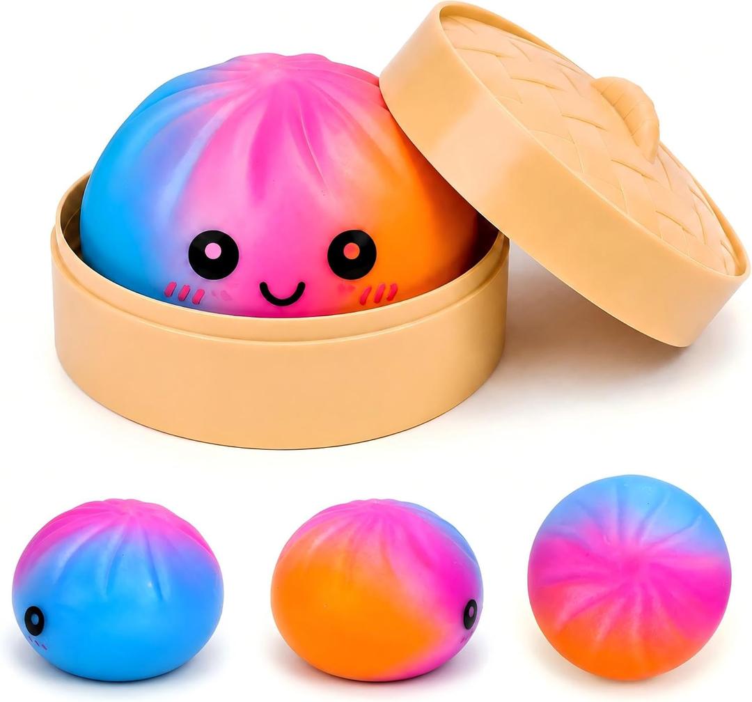 Mystery Colorful Dumpling Squishies with Steamer Box, Soft Stretchy Bao Bun Stress Relief Balls, Sensory Fidget Squeeze Toys for Anxiety Relief, Decompression Desk Toys