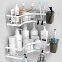 Shower Caddy Corner Organizer Shelf: 2Pack Adhesive Shower Shelf Essentials Accessories - No Drilling Stainless Steel Bathroom Storage Rack with Hooks and Toothpaste Holder (9.6"9.6"2.6", white)