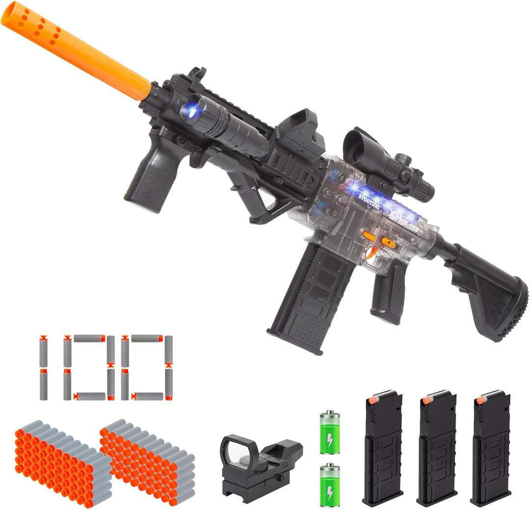 Realistic M416 Rifle Toy Set, Semi-Auto Sniper Foam Blaster, Electric Toy Gun with LED, Scope, Sight, Flashlight, 3 Magazines & 100 Soft Bullets for Nerf Guns Darts, Festival Gift for 8-12 Ages Kids