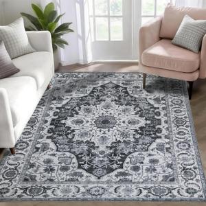 WILLSUN Washable Area Rugs, 3x5 Non-Slip Boho Large Area Rugs for Living Room, Bedroom, Machine Washable Vintage Rug, Indoor Floral Print Carpet for Home Decor, Kid & Pet Friendly Mat (Grey)