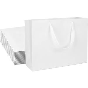 Extra Large Kraft Paper Gift Bags - 12 pcs, White, 16x6x12 Inches, Ribbon Handles, Party, Wedding and Shopping Bags