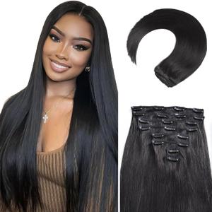 MEYOFUN Clip in Hair Extensions Real Human Hair, 24Inch 120g, 1B Natural Black, Invisible Seamless Straight Remy Human Hair Clip in Extensions for Women 8pcs Per Set with Double Weft