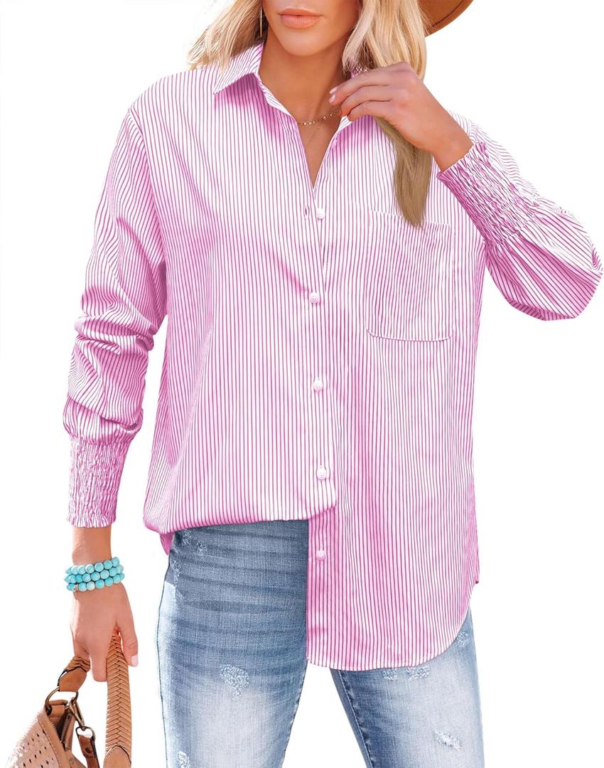 OMSJ Womens Striped Button Down Shirts Smocked Cuffed Sleeve Stylish Collared Office Work Blouses with Pocket (Small, Pink)