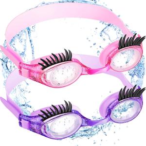 Konohan 2 Pieces Kids Swim Goggles Eyelashes Girls Funny Swim Goggle No Slip Leak Anti Fog UV Glasses for Lash Extensions (Purple, Dark Pink)
