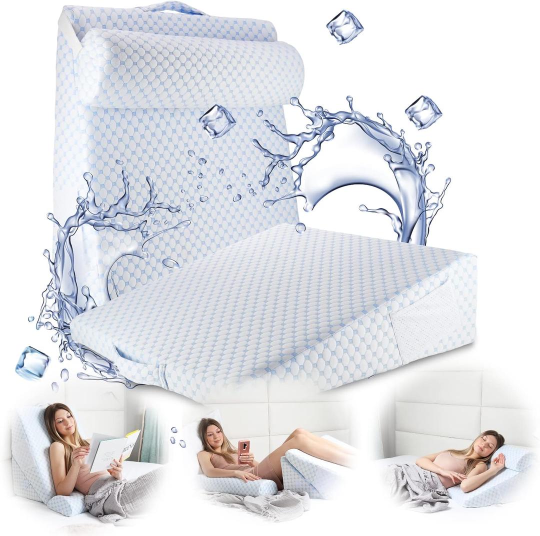 Nestl Bed Wedge Pillow - Wedge Pillow for Sleeping to Reduce Acid Reflux, Wedge Pillows for After Surgery 8-in-1 Triangle Pillow Wedge, Cooling Gel Memory Foam Wedge Snoring Pillow -7.5 Inch (White/Blue)