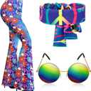 Tisancy 3 Pcs 60s 70s Outfit for Women Hippie Costume Set Disco Flared Pants Groovy Outfit Party Accessories