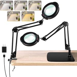 10X Magnifying Glass with Light and Stand, LED Desk Lamp with Base and Clamp, 5 Color Mode, 10 Dimmable Levels, Hands Free for Reading Crafts Jewelry Sewing Close Work (Black)