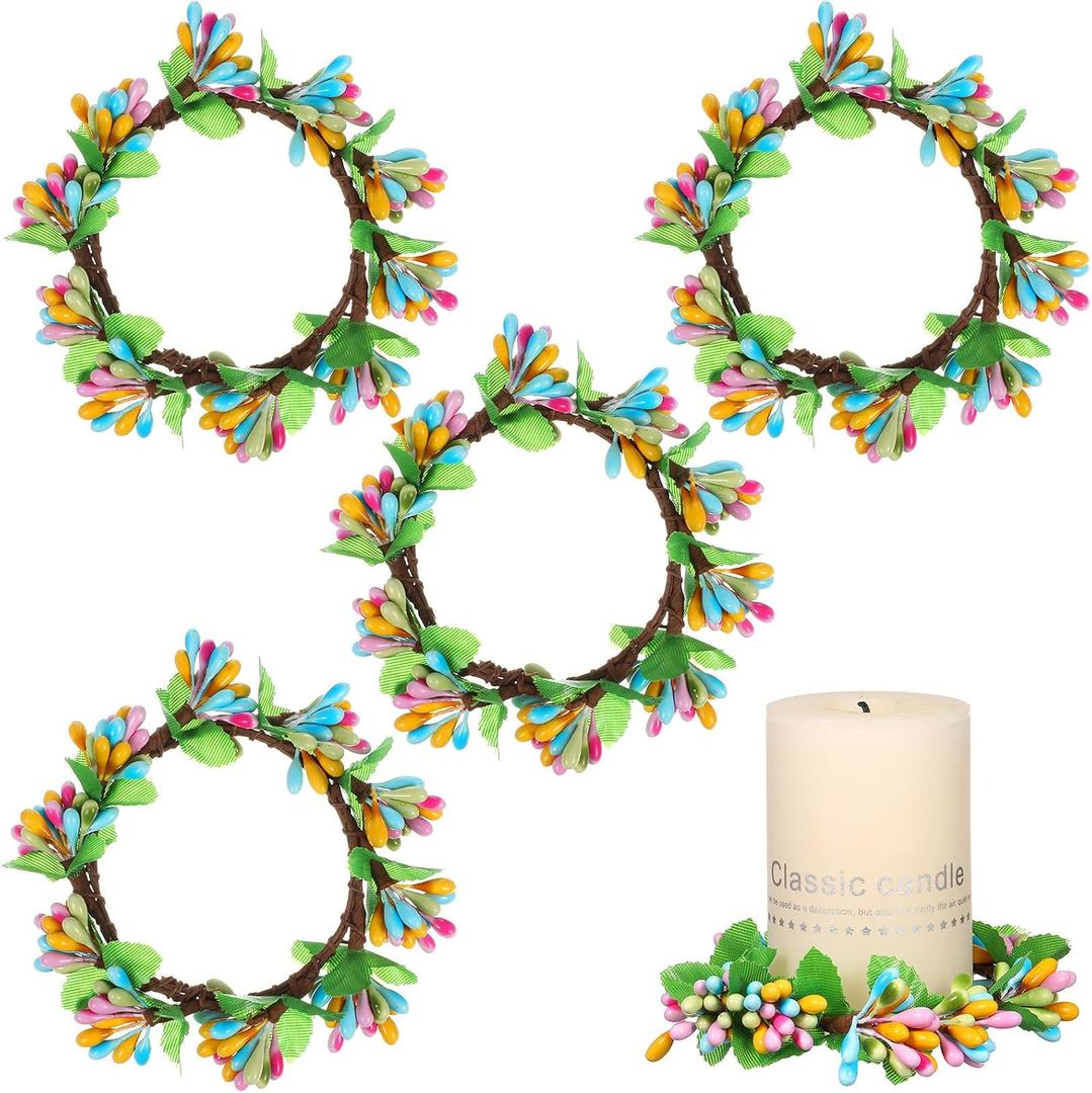 VOSAREA 4pcs Candle Rings Wreaths: Berry Easter Candle Ring - Spring Artificial Votive Wreaths - Easter Farmhouse Table Garland Decoration for Home Party