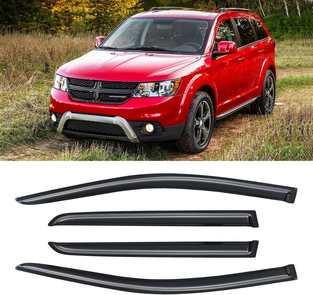 Rain Guards for 2009-2020 Dodge Journey, Out-Channel Window Visor Shields Vent Deflector Shade Wind Dark Smoke 2010 2011 2012 2013 2014 2015 2016 2017 2018 2019, Tape-On Outside-Mount, 4PCS