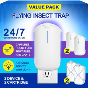 2 Flying Insect Traps & 2 Cartridges - Compatible with M364A Refill - Plug in Fruit Fly Trap for Indoor - Bug Catcher for Gnats, House & Fruit Flies - Use in Any Room (2 Device & 2 Cartridges)