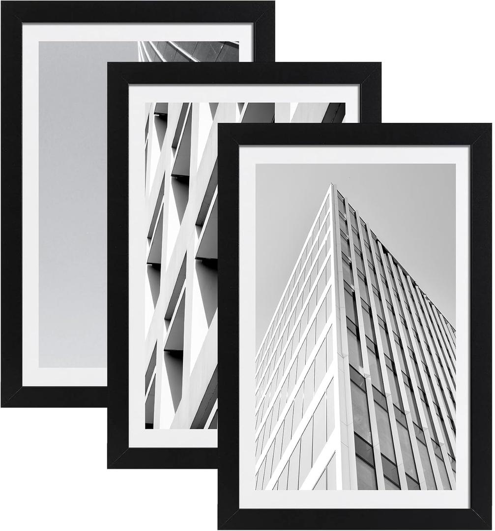 ELSKER&HOME 27x40 Poster Frame Black 3 Pack, Display 24 x 36 Pictures with Mat or 27 x 40 Poster Without Mat, Include 3 Wall Art Prints, Horizontal and Vertical Wall Mounting (Black with White Mat)
