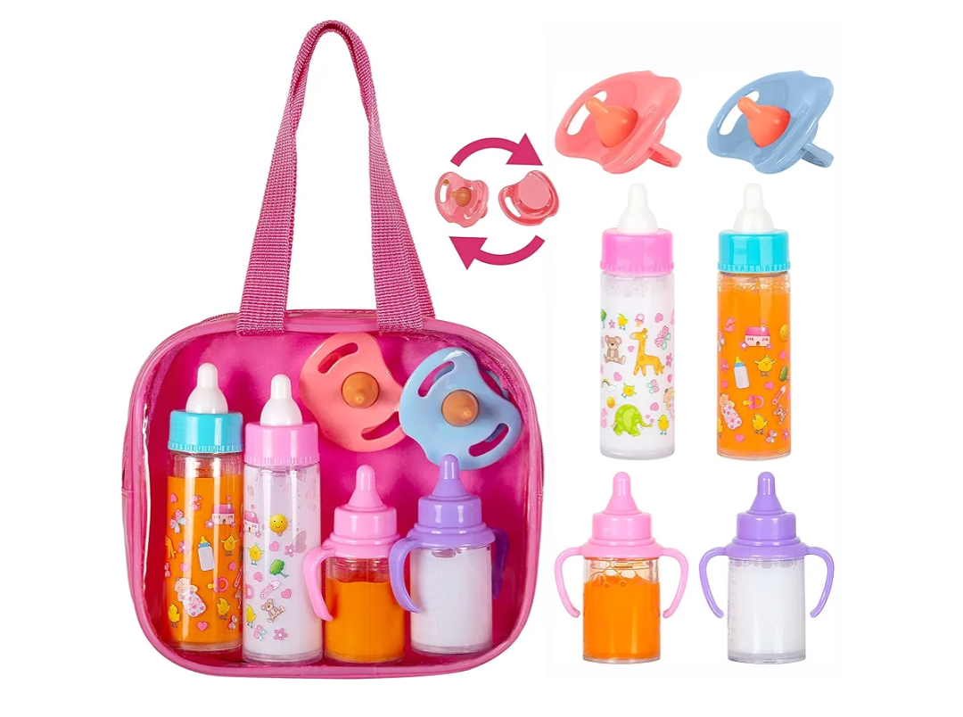 fash n kolor®, My Sweet Baby Disappearing Doll Feeding Set, Baby Care 6 Piece Doll Feeding Set for Toy Stroller | 2 Milk & Juice Bottles with 2 Toy Pacifier for Baby Dolls