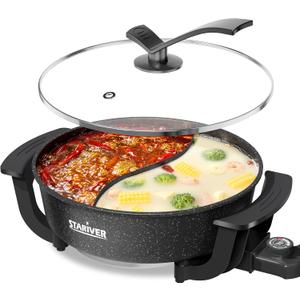 Stariver 6L Electric Hot Pot with Divider - Dual-Flavor Fondue & Shabu Shabu Pot, 1360W with 5-Temp Control, Non-Stick & BPA-Free, Perfect for Family Dinners & Parties