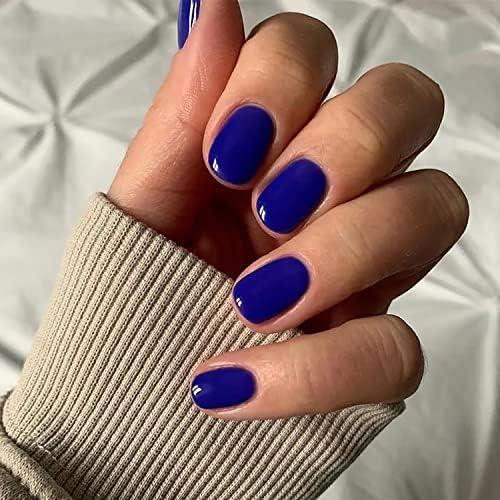 Press on Nails Square Short Blue Fake Nails Full Cover with Glossy Gemstone Blue Extra Short False Nails Artificial Acrylic Nails with Designs for Women Girls