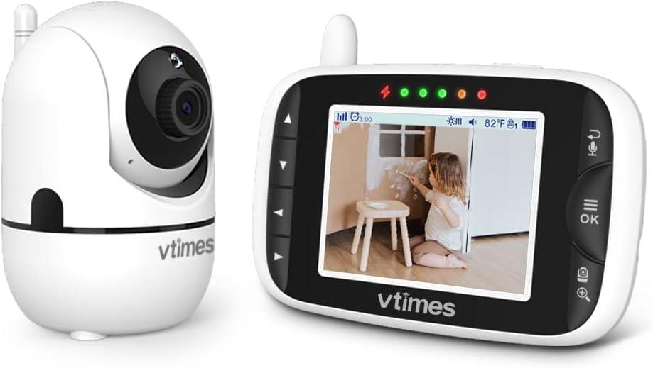 VTimes Video Baby Monitor with Camera and Audio, 3.2" Color LCD Scree, Remote Pan-Tilt-Zoom, Baby Monitor Camera, Infrared Night Vision, Temperature Display, Lullaby, Two Way Audio and VOX Mode