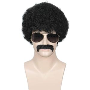 Linfairy Short 80's Costumes Men's Disco Dirt Bag Wig & Moustache Halloween Cosplay Costume Curly Black Wig