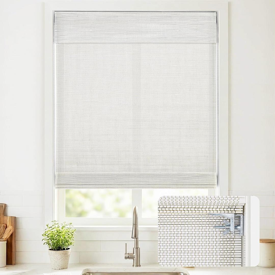 No Drill Cordless Bamboo Roman Shades, 31×64 in, Off White | Natural material, Light Filtering, Easy Install