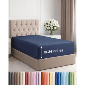 Extra Deep Twin Fitted Sheet - Hotel Luxury Single Fitted Sheet Only - Easily Fits 18 inch to 24 inch Mattress - Ultra Soft, Wrinkle & Fade Free w/Extra Deep Pockets - Breathable & Comfy - Navy Blue