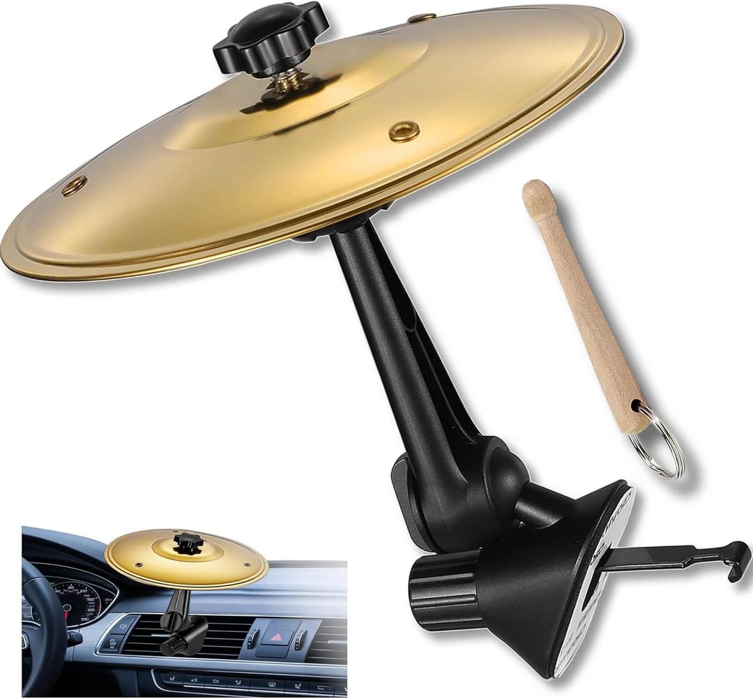 Car Cymbal Air Vent, Mini Crash Drum Cymbal Set with Mini Drum Stick, Funny Car Symbol Musical Gadget for Drummers, Dashboard Accessory Fits Most Vehicles, Turns Traffic into a Jam Session (Yellow)