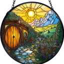 TNUW Cottagecore Mountain Flower Stained Glass Window Hanging, Fantasy Whimsical Cottage Sun Catchers Indoor Window Glass Round Wall Art Decor, Nature Sunset Wall Hanging Decorations, 7.9x7.9