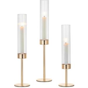Hewory Gold Taper Candle Holders: Candlestick Holders Set of 3 Hurricane Glass Tall Candle Holder for Candlesticks Candle Sticks Holder Decor for Table Centerpiece Wedding Party Christmas Decorations