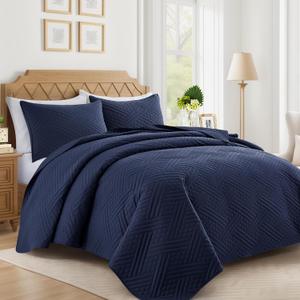 Lavsiry Navy Quilt Queen Size with Striped Pattern, Lightweight Soft Summer Thin Microfiber Bedspread & Coverlet Bedding Set for All Seasons - 3 Piece(1 Quilt, 2 Pillow Shams) (Full/Queen(90"x96"))