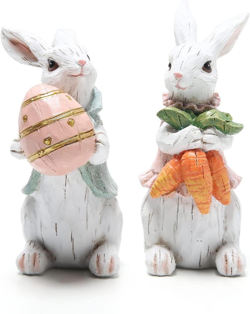 Hodao Easter Bunny Decorations Spring Home Decor Bunny Figurines(Easter White Rabbit 2pcs)