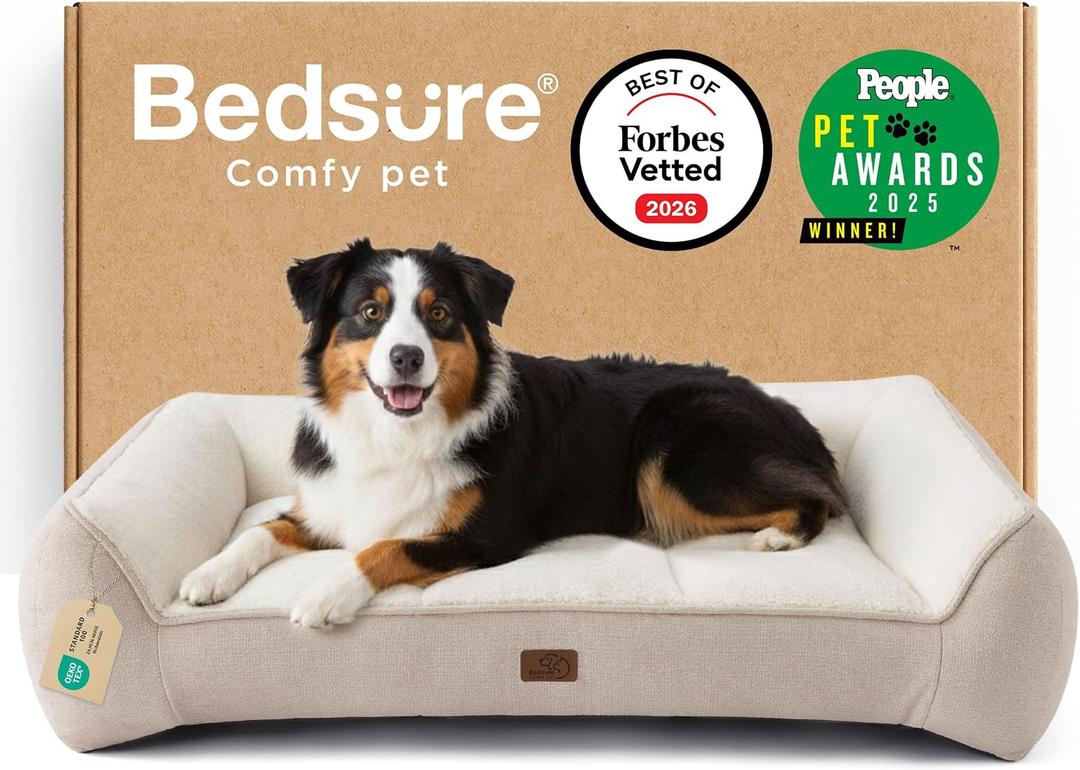 Bedsure SupportMax XL Pro Orthopedic Dog Beds Large Sized Dog - Extra Thick Supportive Dogs Couch with Waterproof Washable Cover, Extra Large Comfort Pet Sofa with Soft Sherpa & Nonskid Bottom, Beige