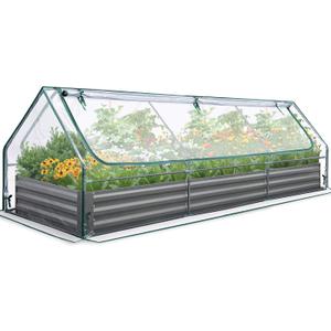 Quictent Raised Garden Bed Galvanized Raised Beds for Gardening Vegetables with Cover 8x4x1 ft Metal Planter Box Outdoor Use (Clear)