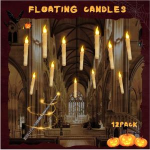 Floating Candles with Wand Remote, Magic Floating Halloween Candles, Flameless LED Flickering Witch Decor Hanging Candles for Halloween Christmas Birthday Party Room Ceiling Decorations, Pack of 12
