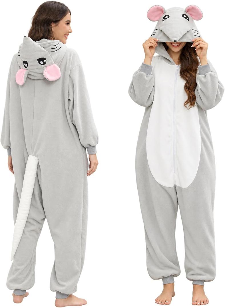 Adult Mouse Costume Rat Onesie Animal Pajamas Mouse Halloween Costumes Cartoon Cosplay Sleepwear for Women Men (Gray, S)