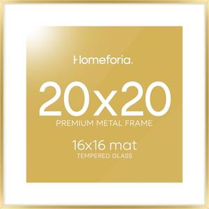 Homeforia 20x20 Picture Frame Gold, High End Metal 20 x 20 Square Poster Frame with Mat 16 x 16 Photo, 20x20 Frame Matted to 16x16 Print, 20by20 Gold Hanging Frames, Tempered Glass, Wall Kit, Set of 1