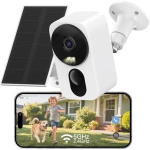 2.4G/5G WiFi 6 Wireless Outdoor/Indoor Security Camera, Solar Powered 2.5K 4MP, Cloud/SD Storage, Color Night Vision, AI Human Detection, Spotlight & Siren, 2-Way Talk, Dual Band, IP65 (WiFi White with Solar Panel)