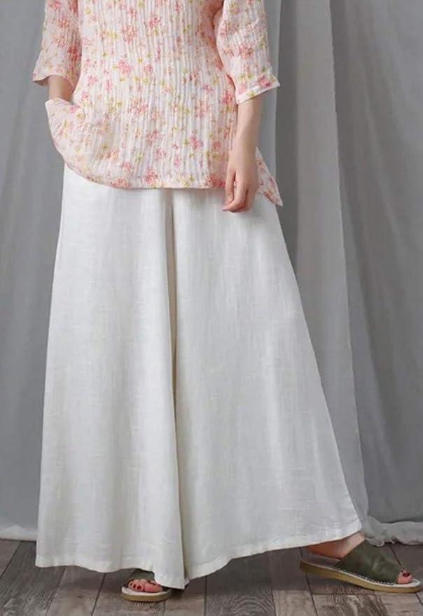 Flygo Women's Casual Elastic Waist Linen Wide Leg Palazzo Pants Culottes Drawstring, 2XL Bege
