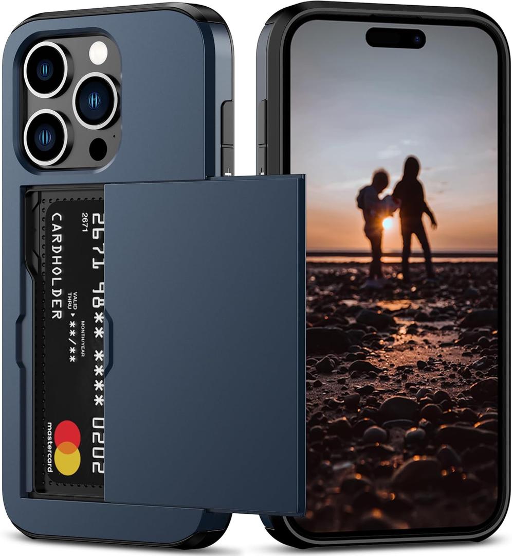 Nvollnoe Compatible with iPhone 15 Pro Case with Card Holder Heavy Duty Protective Dual Layer Shockproof Hidden Card Slot Slim Wallet Phone Cover for Women&Men 6.1 inch(Blue)