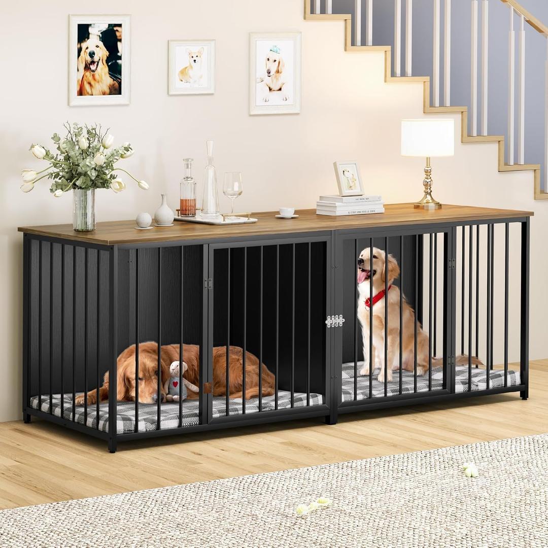 YITAHOME Double Dog Crate Furniture, 80.2 inch Large Breed Dog Kennel with Divider, Heavy Duty Dog House TV Stand Indoor for 2 Medium Dogs, Black