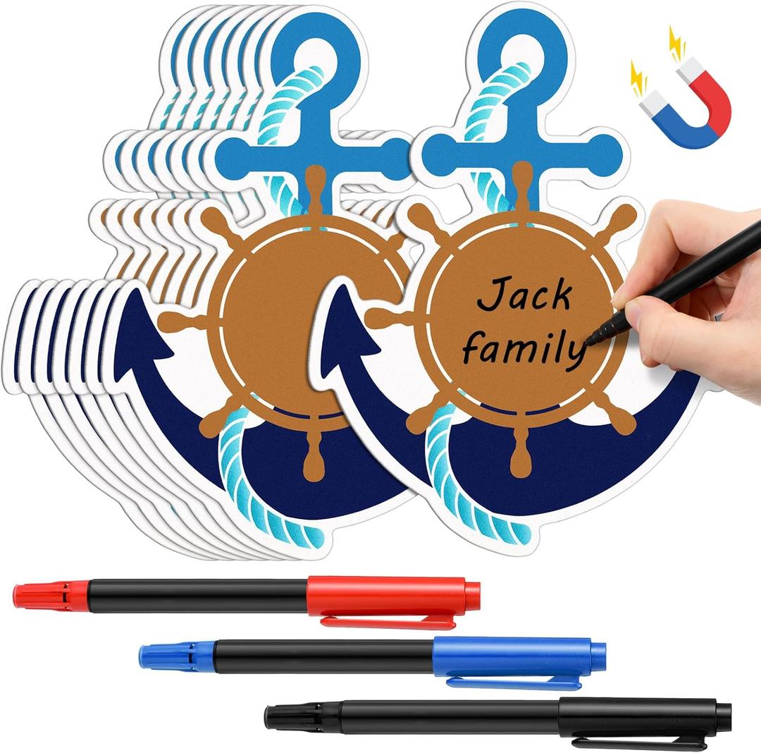 Treela 8 Pcs Cruise Ship Door Decorations Set Anchor Magnets with Paint Pens Family Cruise Crew Cabin Door Decorations Magnetic Sticker Nautical Ship Wheel Car Magnet for Carnival Refrigerator Decor