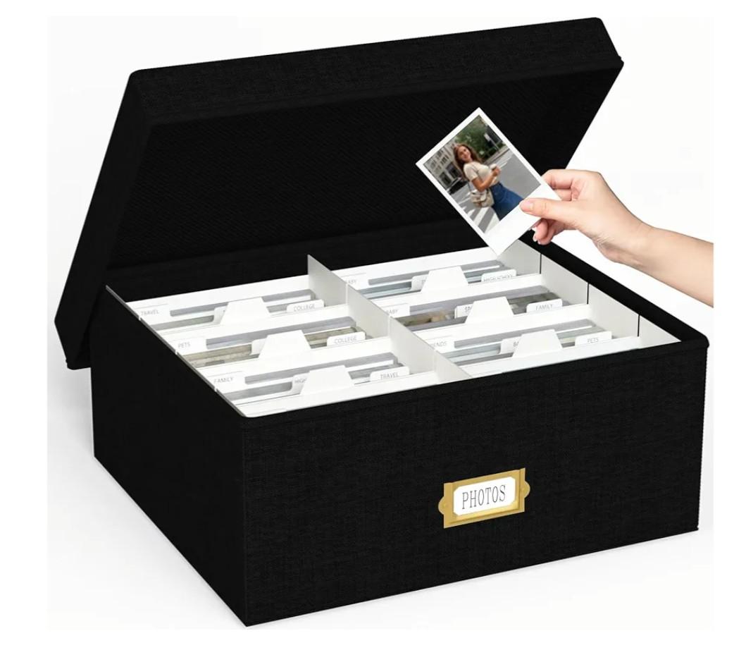 Decorative Photo Storage Box  2 Pack Linen Photo Box Organizer with Dividers, Fits Holds Up to 1700 Pictures and 4x6 Photos, Memory Keepsake Organizer for Scrapbook Supplies, Cards, Stamps (Black)