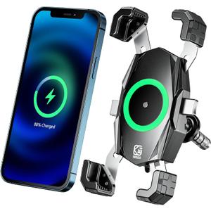 Kewig Motorcycle Fork Stem Phone Mount with Qi 15W Wireless Charger & USB C 20W Fast Charging Port, One-Push Automatically Lock & Quick Release Handlebar Phone Holder for 4.0-6.9" Phone