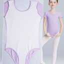 LingTing Leotards for Girls Double Strap Leotard for Gymnastic, Dance,Ballet (9-10 Years, Light Purple-short Sleeved)