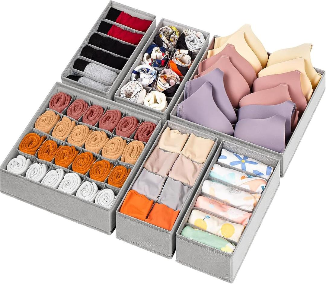 6 Pack Fabric Drawer Organizer/Divider Set for Clothing, Socks, Underwear, Bra, Baby Clothes, Bathroom Storage Solutions, Junk Drawer Reset Organizer